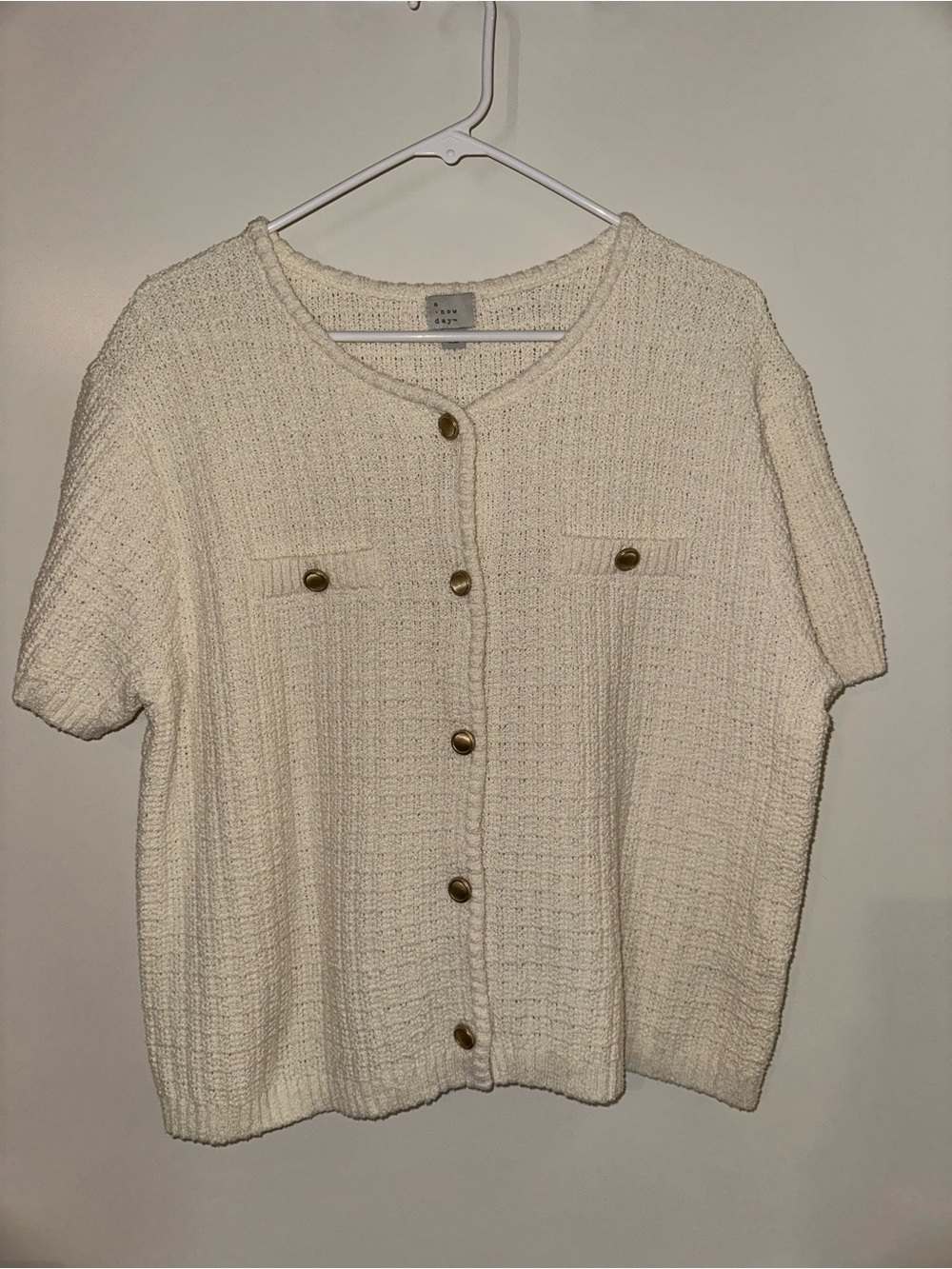 Cream Short-Sleeve Button-Up Knit Sweater